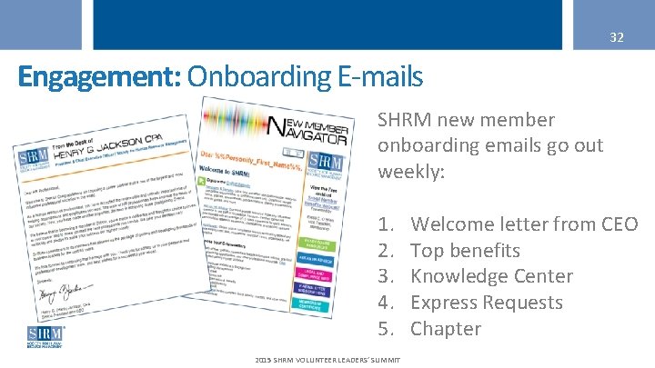 32 Engagement: Onboarding E-mails SHRM new member onboarding emails go out weekly: 1. 2.