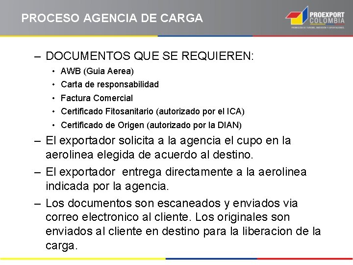 PROCESO AGENCIA DE CARGA – DOCUMENTOS QUE SE REQUIEREN: • • • AWB (Guia