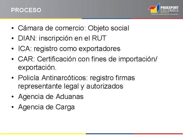 PROCESO • • Cámara de comercio: Objeto social DIAN: inscripción en el RUT ICA: