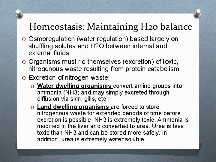 Homeostasis: Maintaining H 20 balance O Osmoregulation (water regulation) based largely on shuffling solutes Homeostasis: Maintaining H 20 balance O Osmoregulation (water regulation) based largely on shuffling solutes