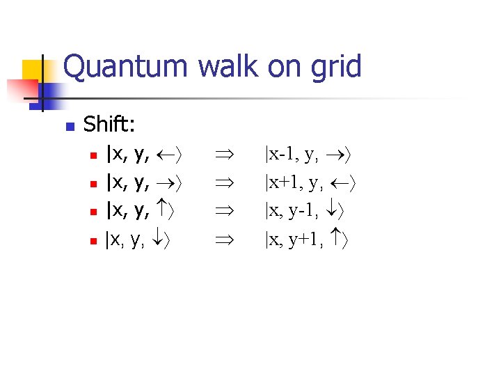 Quantum walk on grid n Shift: n n |x, y, |x-1, y, |x+1, y,