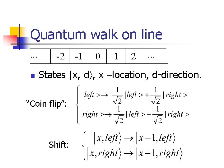 Quantum walk on line. . . n -2 -1 0 1 2 . .