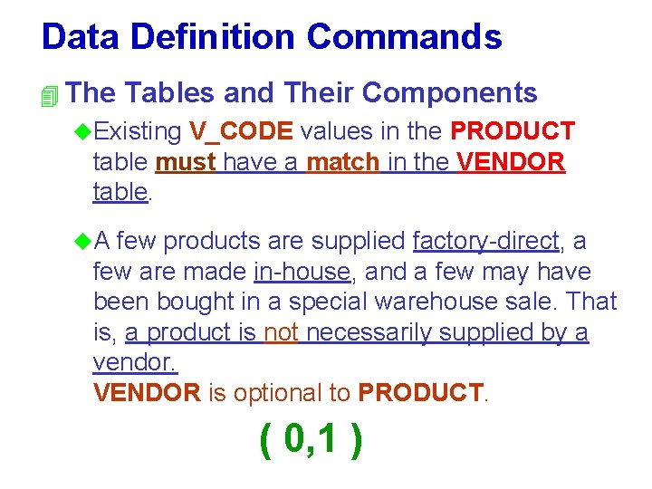 Data Definition Commands 4 The Tables and Their Components u. Existing V_CODE values in