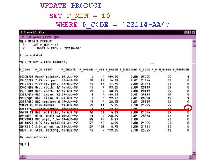 UPDATE PRODUCT SET P_MIN = 10 WHERE P_CODE = ’ 23114 -AA’; 