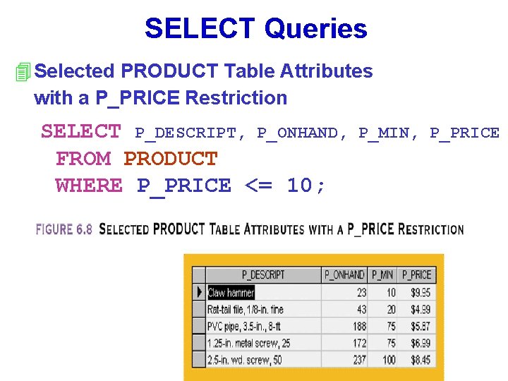SELECT Queries 4 Selected PRODUCT Table Attributes with a P_PRICE Restriction SELECT P_DESCRIPT, P_ONHAND,