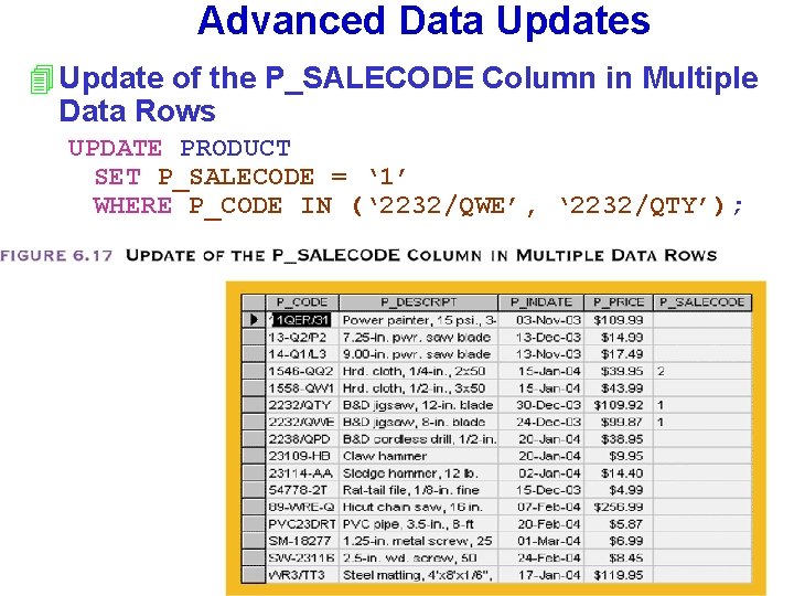 Advanced Data Updates 4 Update of the P_SALECODE Column in Multiple Data Rows UPDATE