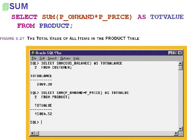 4 SUM SELECT SUM(P_ONHAND*P_PRICE) AS TOTVALUE FROM PRODUCT; 