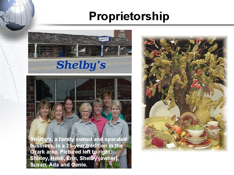 Proprietorship Shelby's, a family owned and operated business, is a 25 -year tradition in