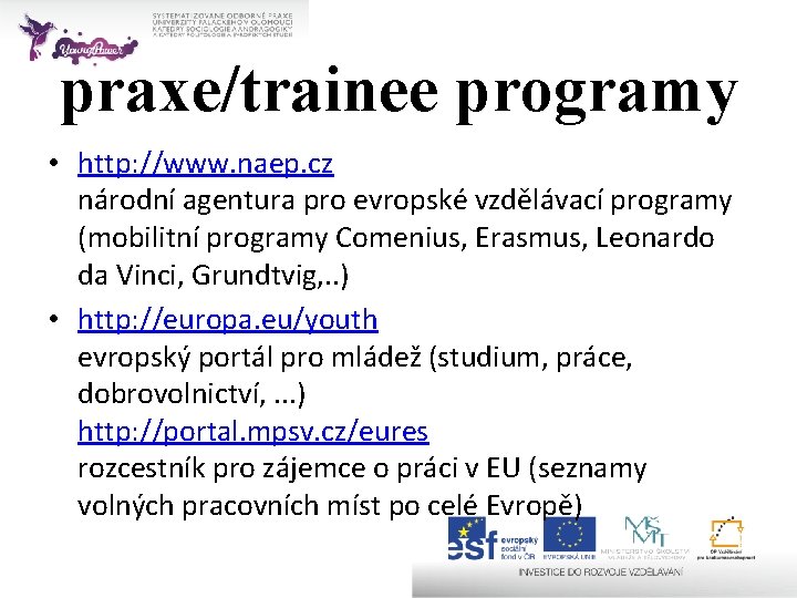 praxe/trainee programy • http: //www. naep. cz národní agentura pro evropské vzdělávací programy (mobilitní