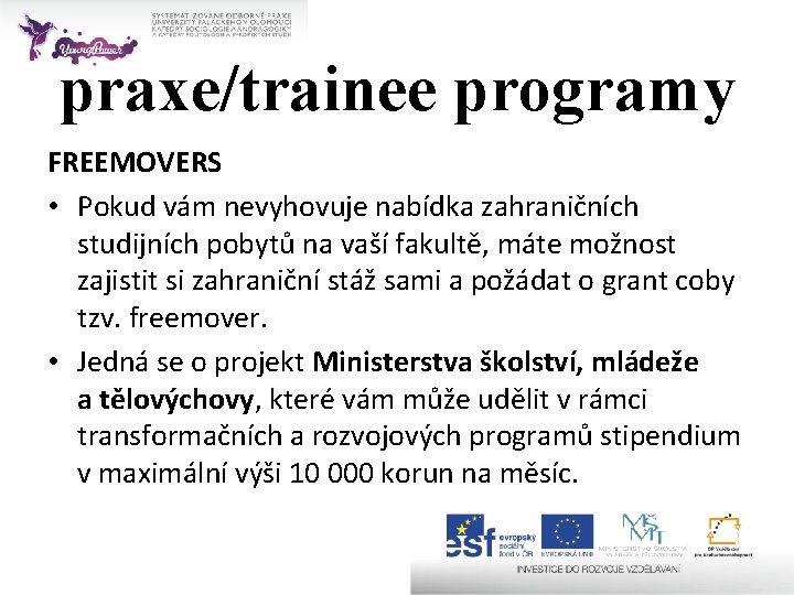 praxe/trainee programy FREEMOVERS • Pokud vám nevyhovuje nabídka zahraničních studijních pobytů na vaší fakultě,