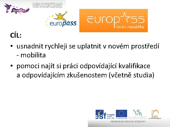 CÍL: • usnadnit rychleji se uplatnit v novém prostředí - mobilita • pomoci najít