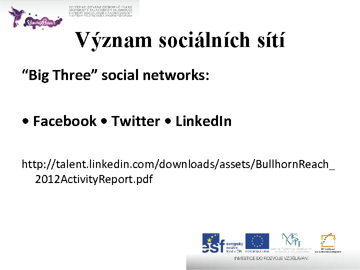 Význam sociálních sítí “Big Three” social networks: • Facebook • Twitter • Linked. In