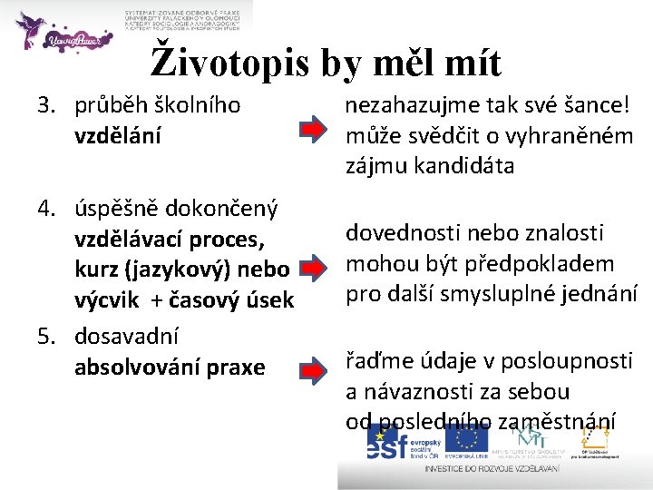 Životopis by měl mít 3. průběh školního vzdělání 4. úspěšně dokončený vzdělávací proces, kurz