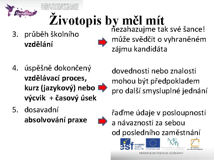 Životopis by měl mít 3. průběh školního vzdělání 4. úspěšně dokončený vzdělávací proces, kurz