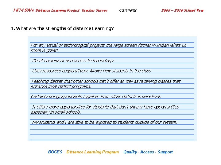 HFM SAN Distance Learning Project Teacher Survey Comments 2009 – 2010 School Year 1.