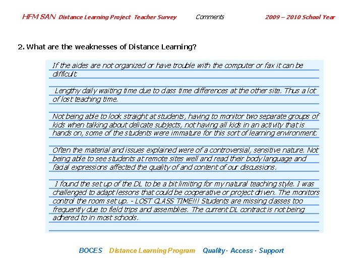 HFM SAN Distance Learning Project Teacher Survey Comments 2009 – 2010 School Year 2.