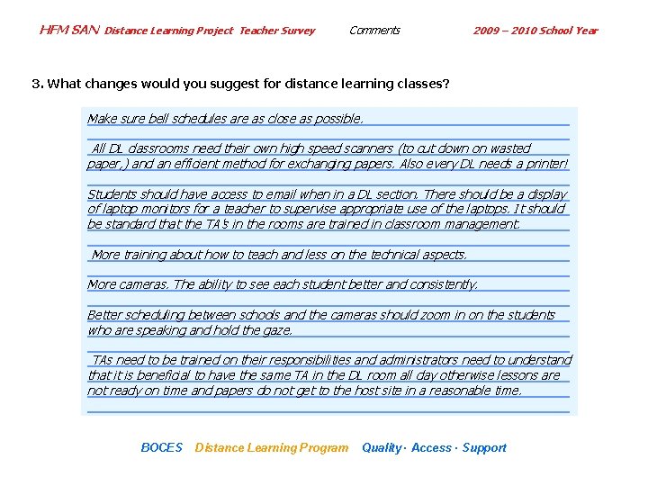HFM SAN Distance Learning Project Teacher Survey Comments 2009 – 2010 School Year 3.