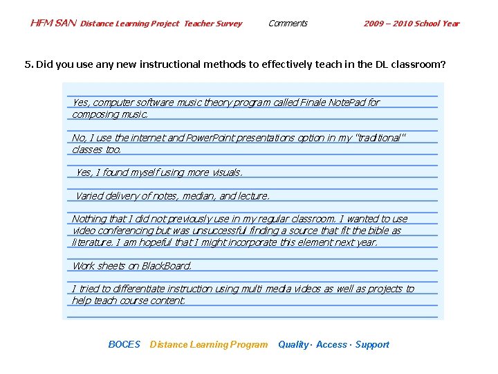 HFM SAN Distance Learning Project Teacher Survey Comments 2009 – 2010 School Year 5.