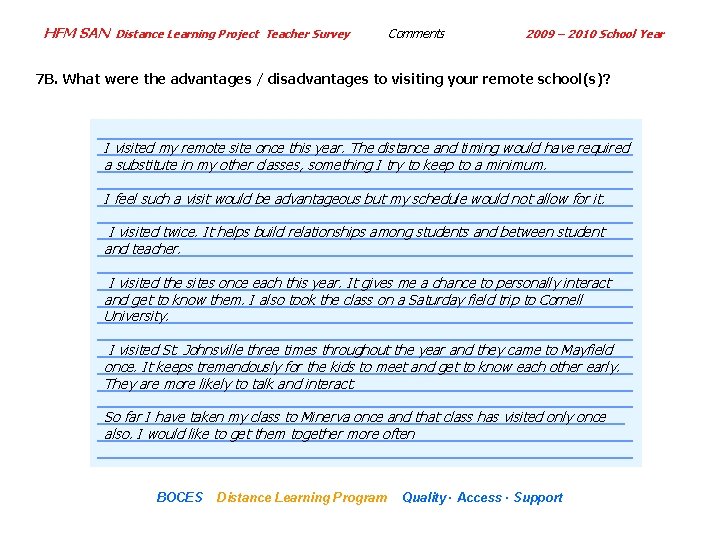 HFM SAN Distance Learning Project Teacher Survey Comments 2009 – 2010 School Year 7