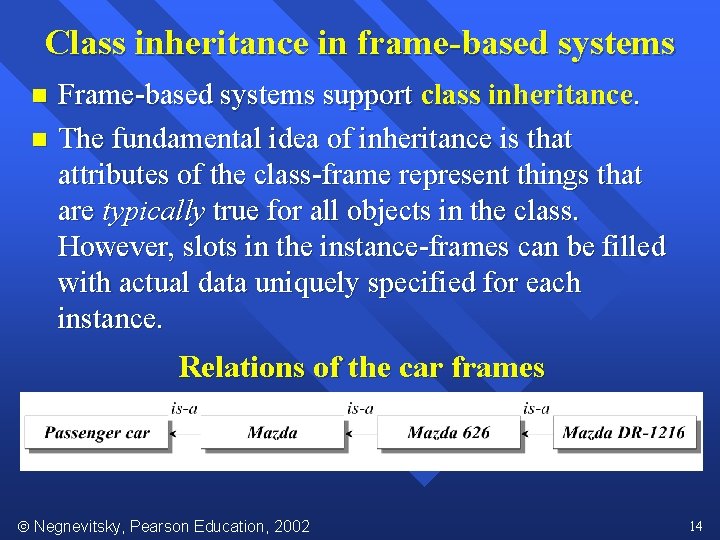 Class inheritance in frame-based systems Frame-based systems support class inheritance. n The fundamental idea