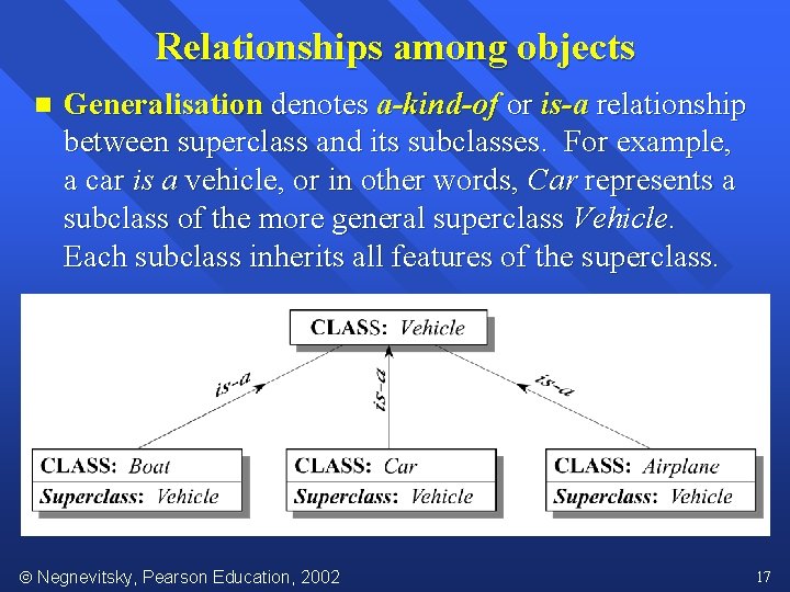 Relationships among objects n Generalisation denotes a-kind-of or is-a relationship between superclass and its