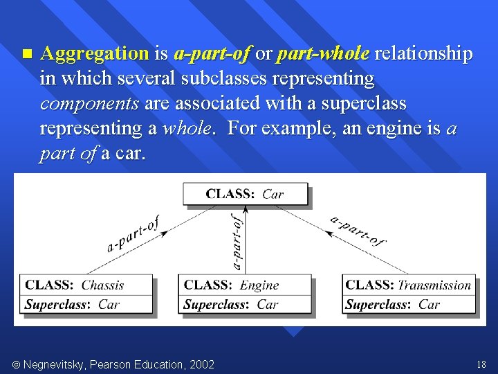 n Aggregation is a-part-of or part-whole relationship in which several subclasses representing components are