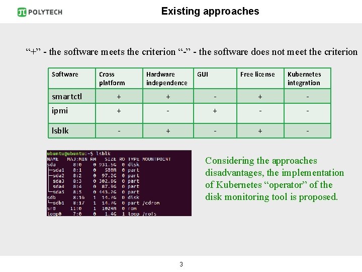 Existing approaches “+” - the software meets the criterion “-” - the software does