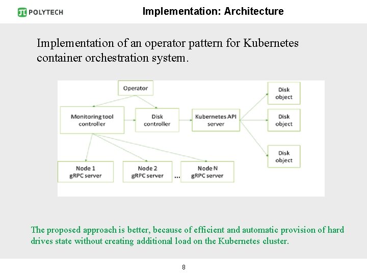 Implementation: Architecture Implementation of an operator pattern for Kubernetes container orchestration system. The proposed