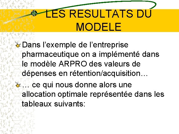 LES RESULTATS DU MODELE Dans l’exemple de l’entreprise pharmaceutique on a implémenté dans le