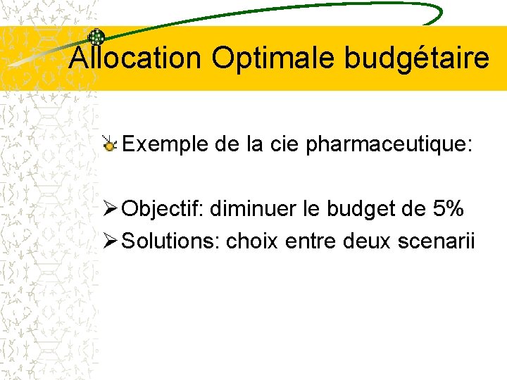 Allocation Optimale budgétaire Exemple de la cie pharmaceutique: Ø Objectif: diminuer le budget de