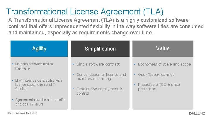 Transformational License Agreement (TLA) A Transformational License Agreement (TLA) is a highly customized software