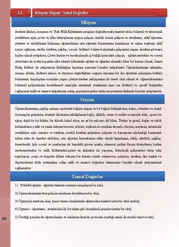 3. 1. Misyon Vizyon Temel Değerler Misyon Atatürk ilkeleri, Anayasa ve Türk Milli Eğitiminin
