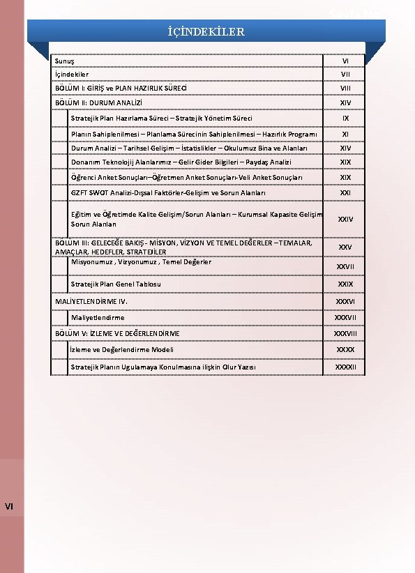 Sayfa No İÇİNDEKİLER Sunuş VI İçindekiler VII BÖLÜM I: GİRİŞ ve PLAN HAZIRLIK SÜRECİ