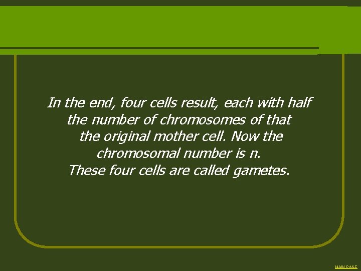 In the end, four cells result, each with half the number of chromosomes of