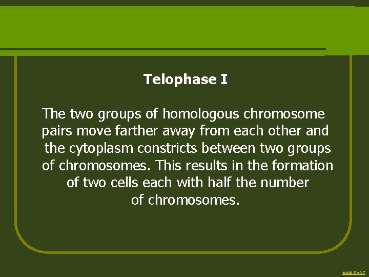 Telophase I The two groups of homologous chromosome pairs move farther away from each