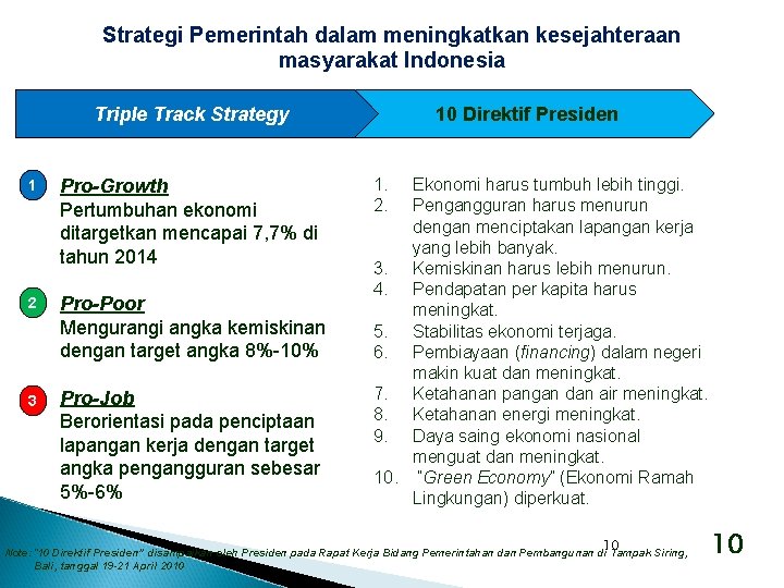 Strategi Pemerintah dalam meningkatkan kesejahteraan masyarakat Indonesia Triple Track Strategy 1 Pro-Growth Pertumbuhan ekonomi