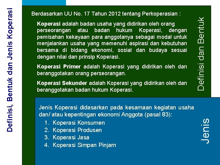 Koperasi Primer adalah Koperasi yang didirikan oleh dan beranggotakan orang perseorangan. Koperasi Sekunder adalah