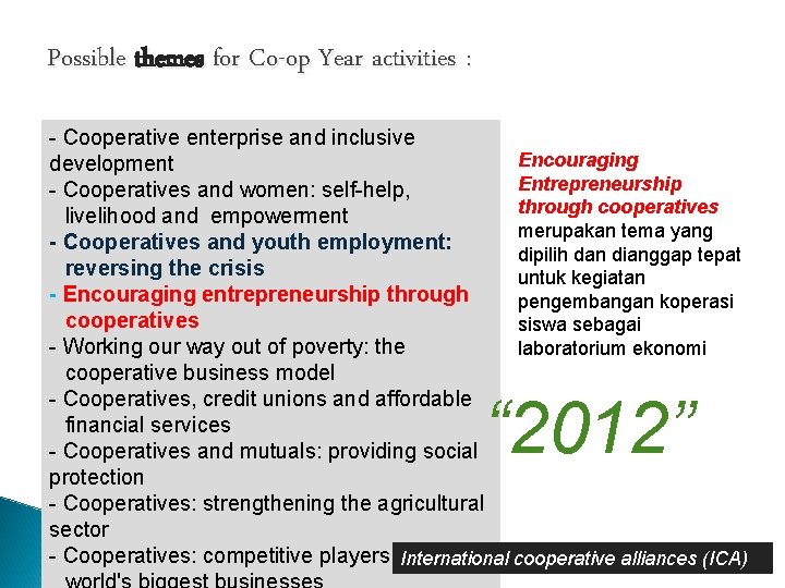 Possible themes for Co-op Year activities : - Cooperative enterprise and inclusive Encouraging development