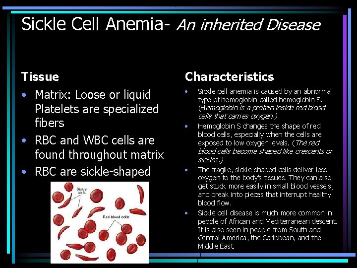 Sickle Cell Anemia- An inherited Disease Tissue Characteristics • Matrix: Loose or liquid Platelets