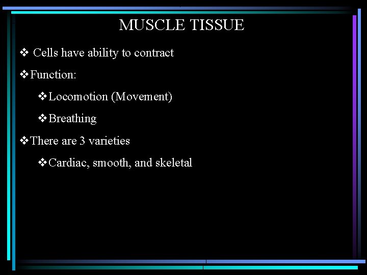 MUSCLE TISSUE v Cells have ability to contract v. Function: v. Locomotion (Movement) v.