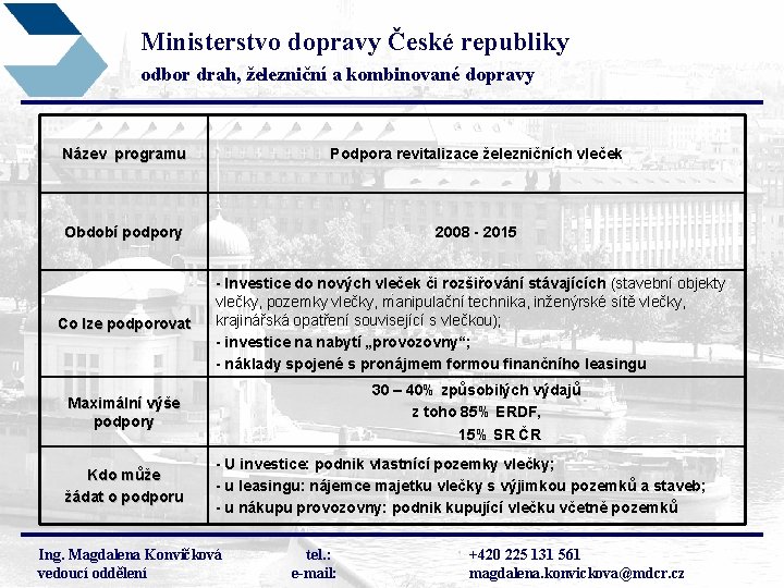 Ministerstvo dopravy České republiky odbor drah, železniční a kombinované dopravy Název programu Podpora revitalizace