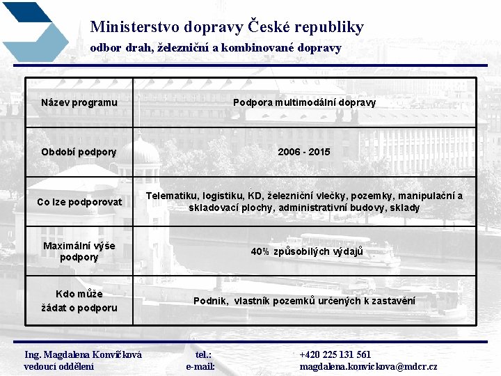 Ministerstvo dopravy České republiky odbor drah, železniční a kombinované dopravy Název programu Podpora multimodální