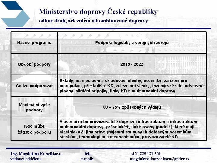 Ministerstvo dopravy České republiky odbor drah, železniční a kombinované dopravy Název programu Podpora logistiky