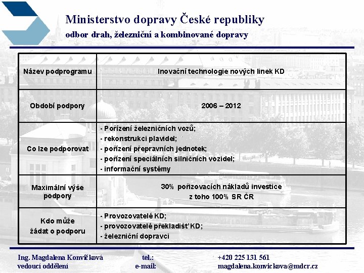 Ministerstvo dopravy České republiky odbor drah, železniční a kombinované dopravy Název podprogramu Inovační technologie