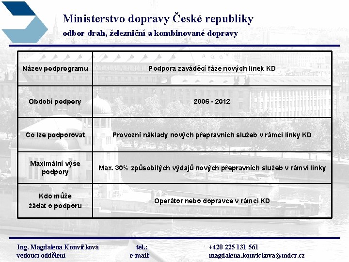 Ministerstvo dopravy České republiky odbor drah, železniční a kombinované dopravy Název podprogramu Podpora zaváděcí