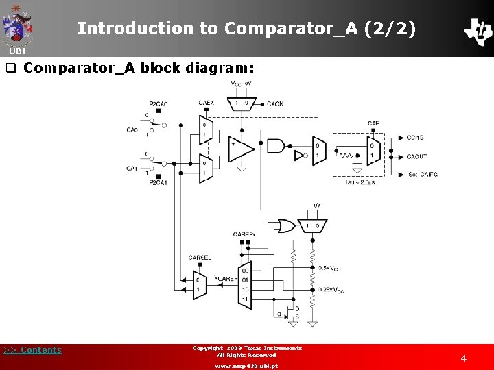 Introduction to Comparator_A (2/2) UBI q Comparator_A block diagram: >> Contents Copyright 2009 Texas