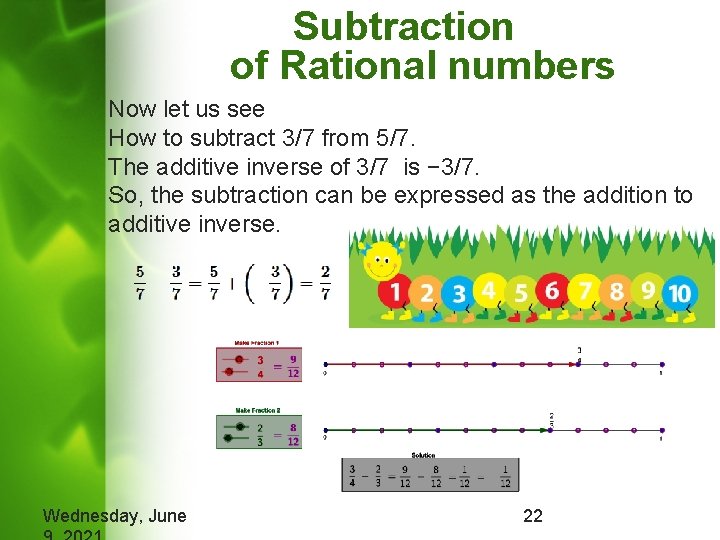 Subtraction of Rational numbers Now let us see How to subtract 3/7 from 5/7.