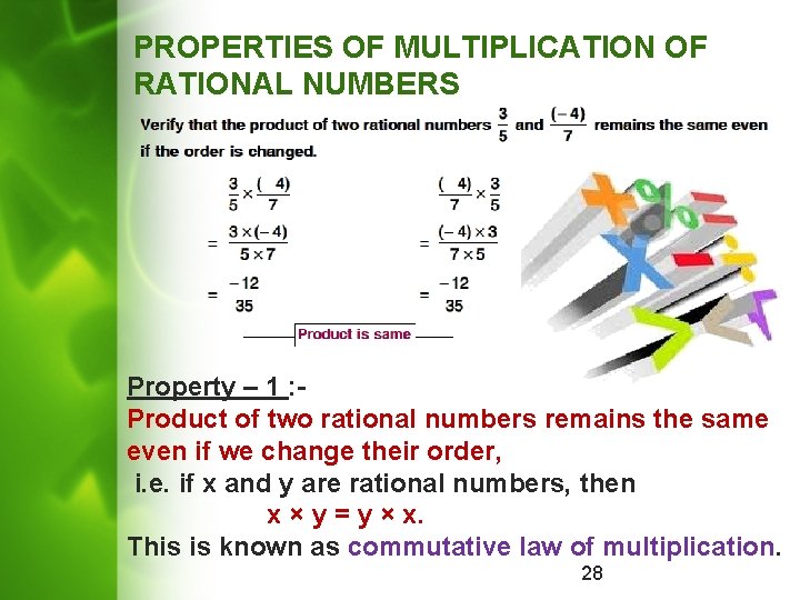 PROPERTIES OF MULTIPLICATION OF RATIONAL NUMBERS Property – 1 : Product of two rational