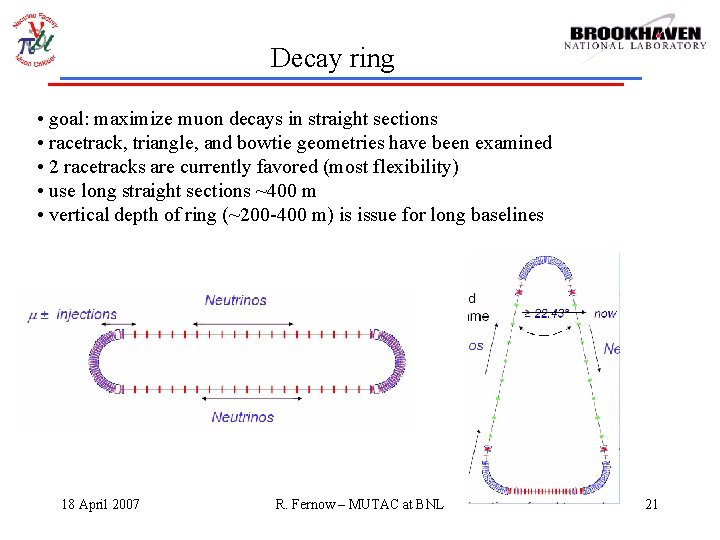 Decay ring • goal: maximize muon decays in straight sections • racetrack, triangle, and