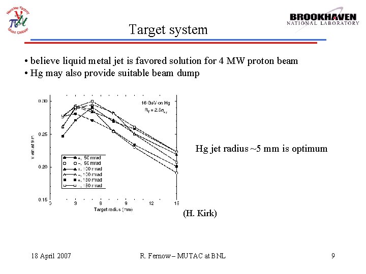 Target system • believe liquid metal jet is favored solution for 4 MW proton